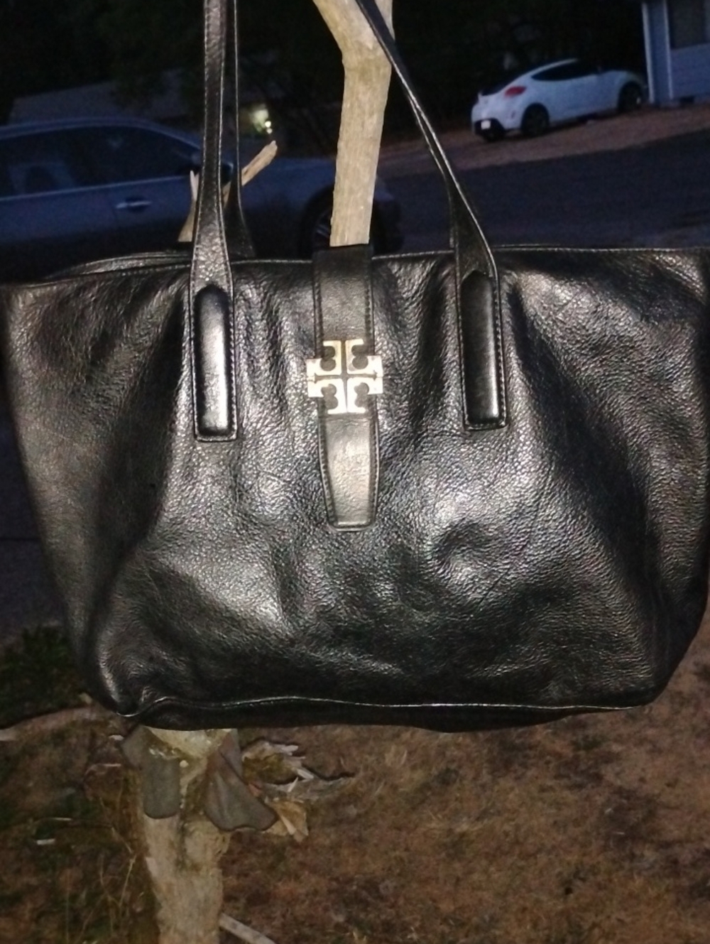 Tory Burch Black Leather Tote with Gold Logo Accent